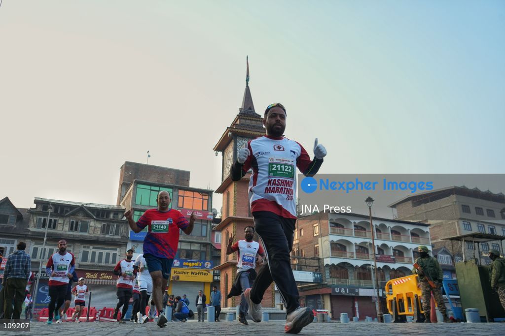 SRINAGAR, INDIA - OCTOBER 25, 2026: Participants run during the third edition of the Kashmir International Marathon in Srinagar, Jammu and Kashmir. Runners, including international athletes from 12 countries, take part in the event, which features a 42.195-kilometre full marathon and a 21-kilometre half marathon. The routes pass through scenic locations, including Dal Lake, Boulevard Road and Nishat Garden, highlighting Kashmir's natural beauty and growing potential for sports tourism. (Photo by Sameer Hussain/JNA Press via Nexpher Images)