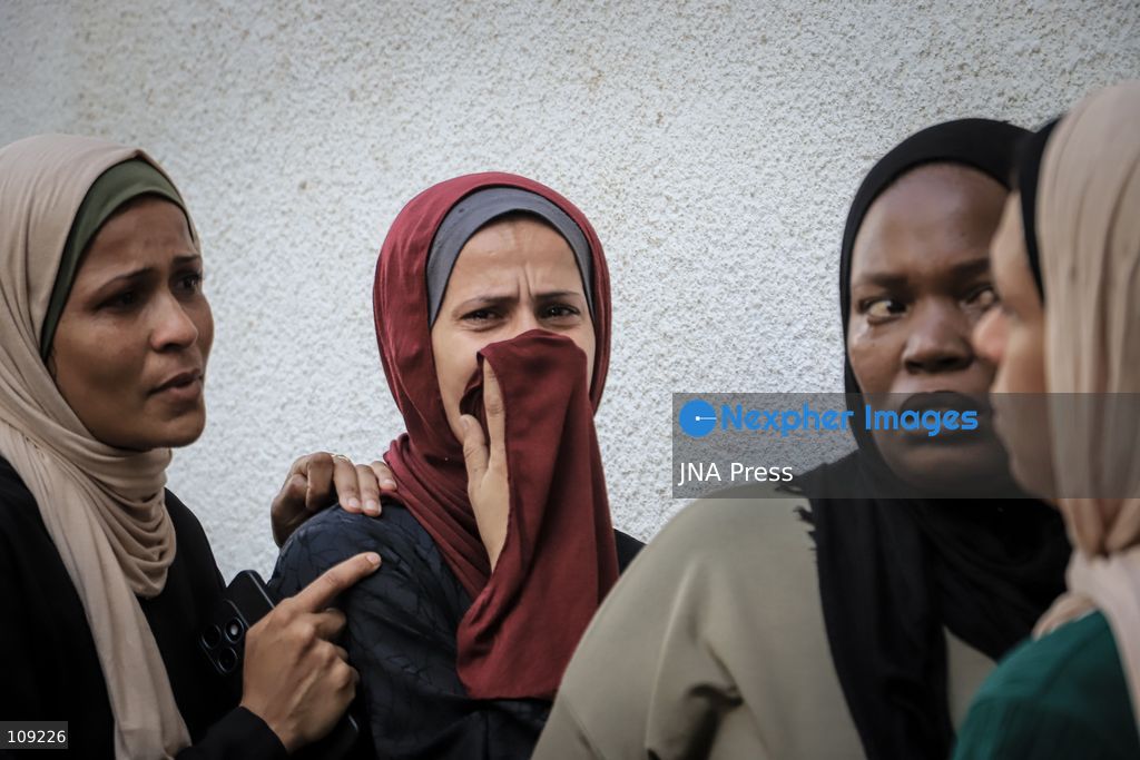 GAZA, PALESTINE - OCTOBER 25, 2026: Palestinians bid farewell to three men who were killed in an Israeli airstrike that targeted the Islamic University in Gaza City on Sunday evening. Skaik / JNA PRESS (Photo by Mohammed M Skaik/JNA Press via Nexpher Images)