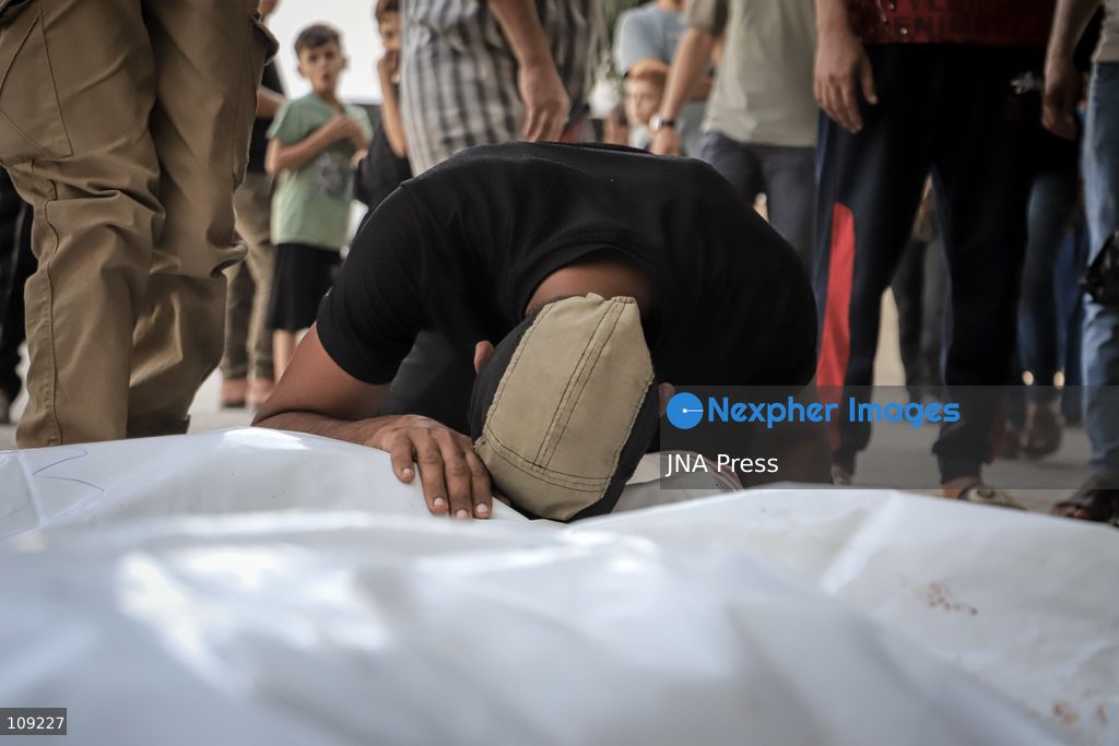 GAZA, PALESTINE - OCTOBER 25, 2026: Palestinians bid farewell to three men who were killed in an Israeli airstrike that targeted the Islamic University in Gaza City on Sunday evening. Skaik / JNA PRESS (Photo by Mohammed M Skaik/JNA Press via Nexpher Images)