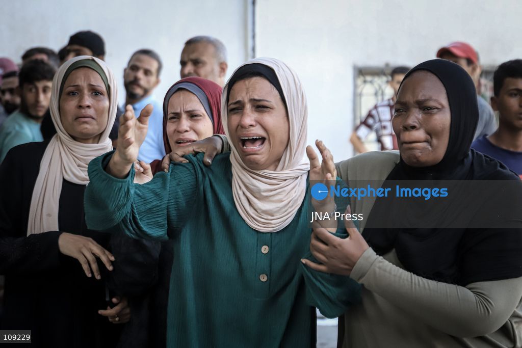 GAZA, PALESTINE - OCTOBER 25, 2026: Palestinians bid farewell to three men who were killed in an Israeli airstrike that targeted the Islamic University in Gaza City on Sunday evening. Skaik / JNA PRESS (Photo by Mohammed M Skaik/JNA Press via Nexpher Images)