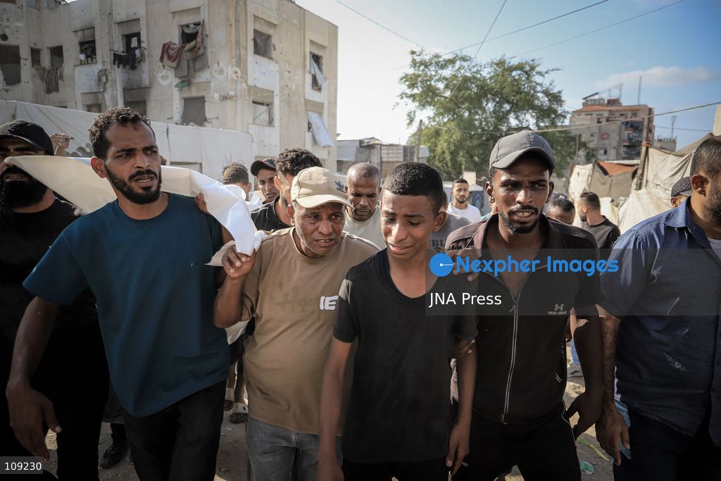 GAZA, PALESTINE - OCTOBER 25, 2026: Palestinians bid farewell to three men who were killed in an Israeli airstrike that targeted the Islamic University in Gaza City on Sunday evening. Skaik / JNA PRESS (Photo by Mohammed M Skaik/JNA Press via Nexpher Images)