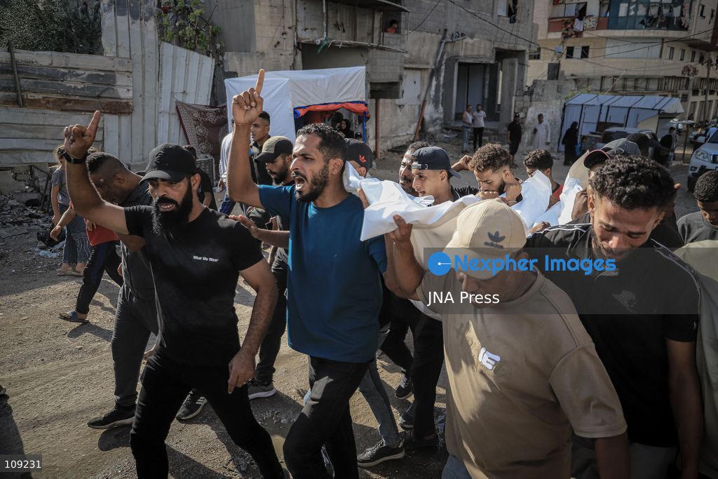 GAZA, PALESTINE - OCTOBER 25, 2026: Palestinians bid farewell to three men who were killed in an Israeli airstrike that targeted the Islamic University in Gaza City on Sunday evening. Skaik / JNA PRESS (Photo by Mohammed M Skaik/JNA Press via Nexpher Images)
