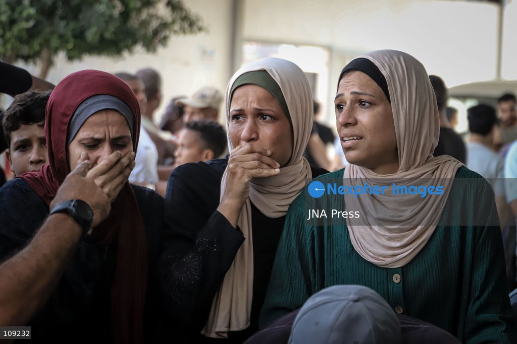 GAZA, PALESTINE - OCTOBER 25, 2026: Palestinians bid farewell to three men who were killed in an Israeli airstrike that targeted the Islamic University in Gaza City on Sunday evening. Skaik / JNA PRESS (Photo by Mohammed M Skaik/JNA Press via Nexpher Images)