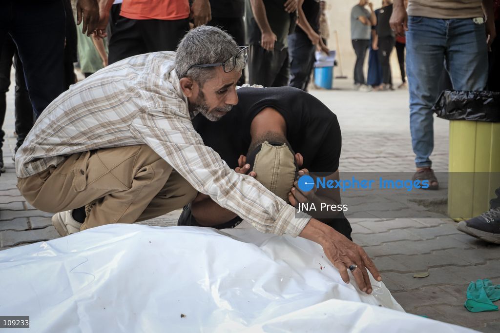GAZA, PALESTINE - OCTOBER 25, 2026: Palestinians bid farewell to three men who were killed in an Israeli airstrike that targeted the Islamic University in Gaza City on Sunday evening. Skaik / JNA PRESS (Photo by Mohammed M Skaik/JNA Press via Nexpher Images)