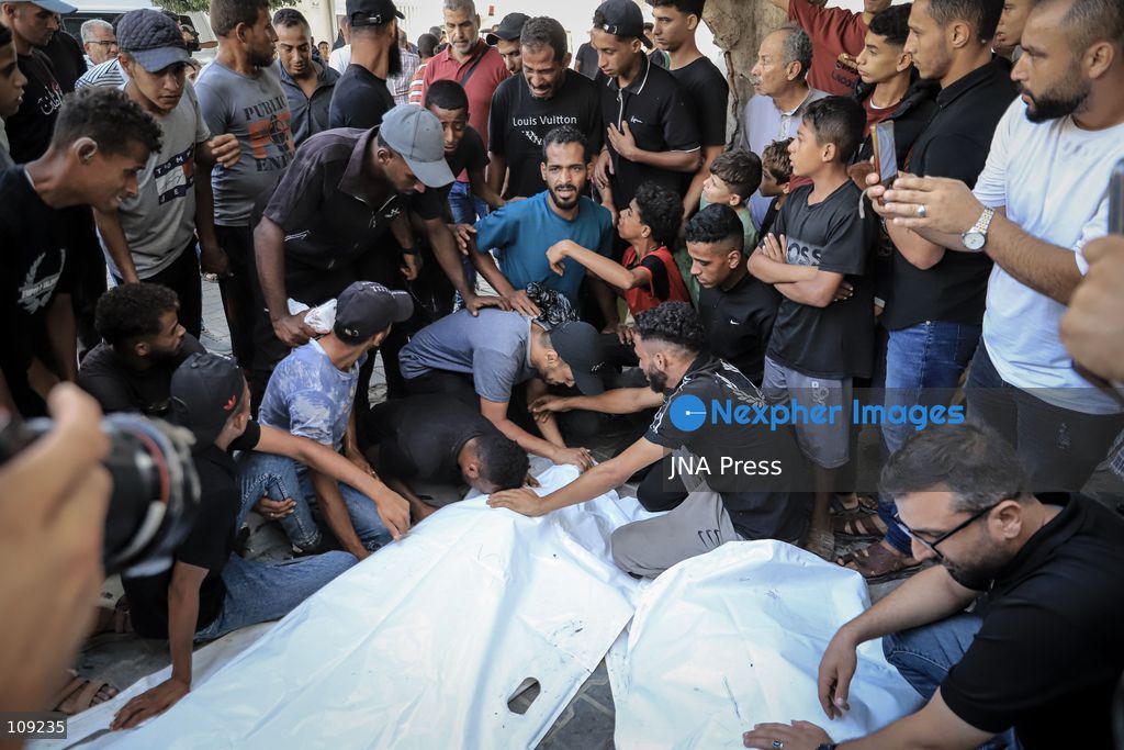 GAZA, PALESTINE - OCTOBER 25, 2026: Palestinians bid farewell to three men who were killed in an Israeli airstrike that targeted the Islamic University in Gaza City on Sunday evening. Skaik / JNA PRESS (Photo by Mohammed M Skaik/JNA Press via Nexpher Images)
