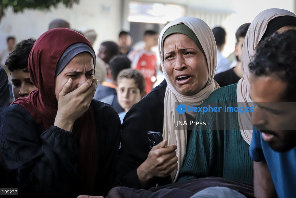 GAZA, PALESTINE - OCTOBER 25, 2026: Palestinians bid farewell to three men who were killed in an Israeli airstrike that targeted the Islamic University in Gaza City on Sunday evening. Skaik / JNA PRESS (Photo by Mohammed M Skaik/JNA Press via Nexpher Images)