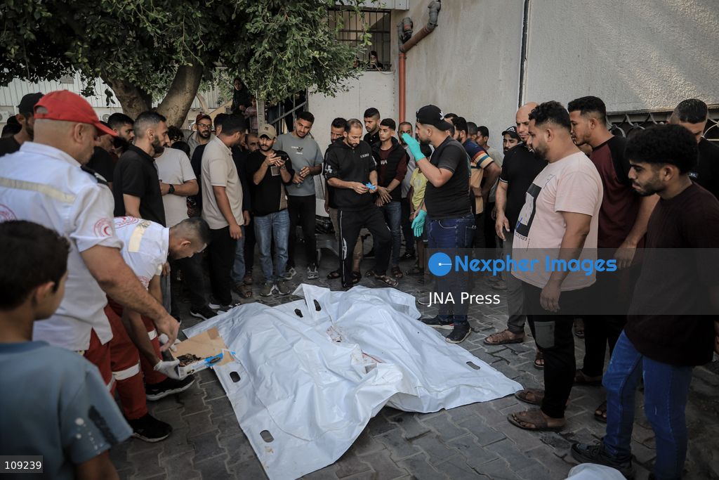 GAZA, PALESTINE - OCTOBER 25, 2026: Palestinians bid farewell to three men who were killed in an Israeli airstrike that targeted the Islamic University in Gaza City on Sunday evening. Skaik / JNA PRESS (Photo by Mohammed M Skaik/JNA Press via Nexpher Images)