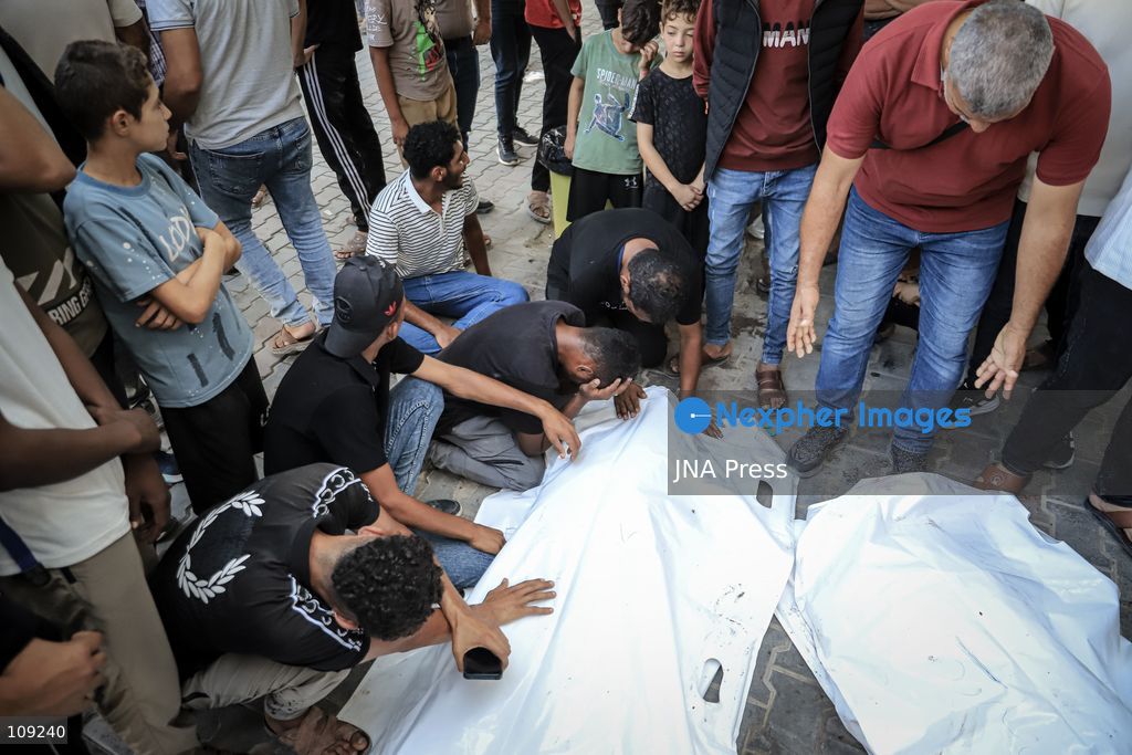 GAZA, PALESTINE - OCTOBER 25, 2026: Palestinians bid farewell to three men who were killed in an Israeli airstrike that targeted the Islamic University in Gaza City on Sunday evening. Skaik / JNA PRESS (Photo by Mohammed M Skaik/JNA Press via Nexpher Images)