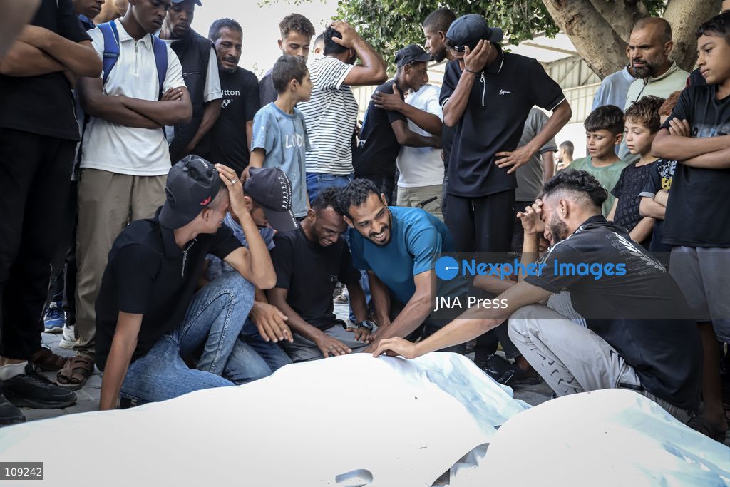 GAZA, PALESTINE - OCTOBER 25, 2026: Palestinians bid farewell to three men who were killed in an Israeli airstrike that targeted the Islamic University in Gaza City on Sunday evening. Skaik / JNA PRESS (Photo by Mohammed M Skaik/JNA Press via Nexpher Images)