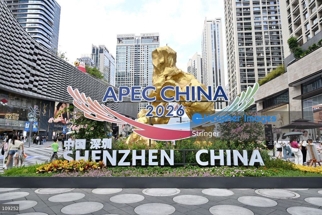 A decoration of APEC CHINA 2026 displaying at the road on October 25, 2026 in Shenzhen, China. (Photo by Stringer/Nexpher Images)