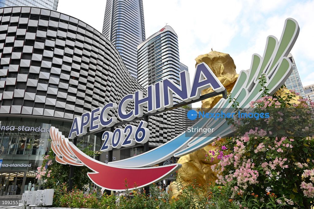 A decoration of APEC CHINA 2026 displaying at the road on October 25, 2026 in Shenzhen, China. (Photo by Stringer/Nexpher Images)