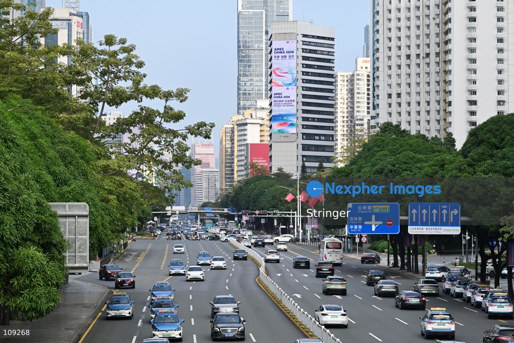Cityscape and APEC China 2026 advertising slogan at the Huaqiang North on October 25, 2026 in Shenzhen, China. (Photo by Stringer/Nexpher Images)