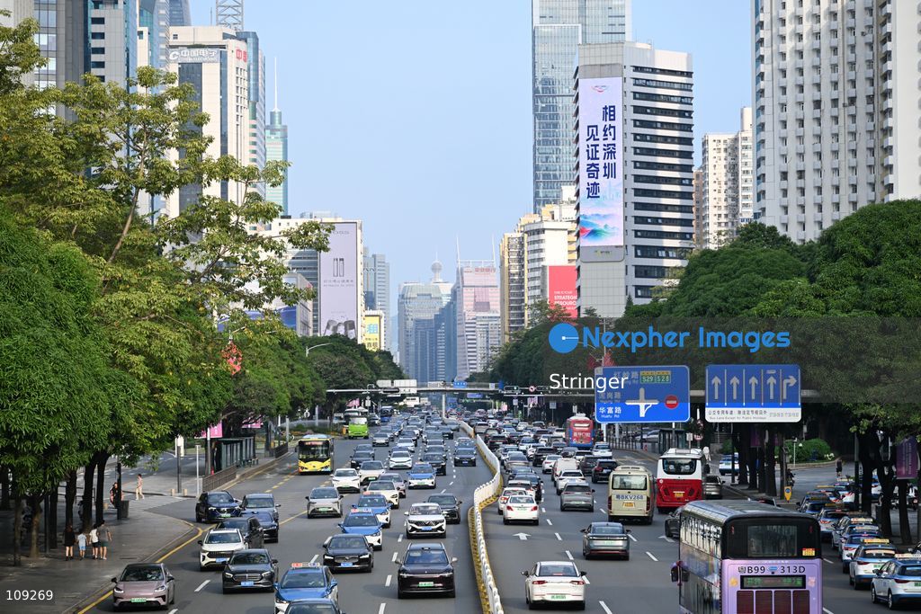 Cityscape and APEC China 2026 advertising slogan at the Huaqiang North on October 25, 2026 in Shenzhen, China. (Photo by Stringer/Nexpher Images)
