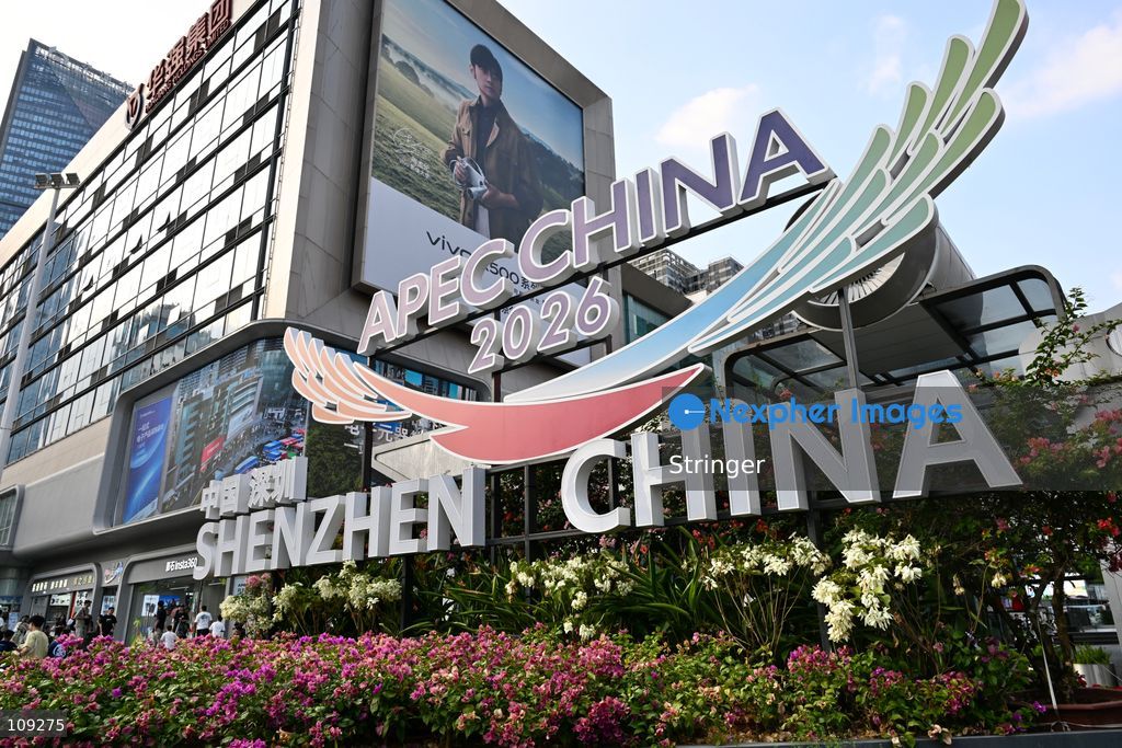 A decoration of APEC CHINA 2026 displaying at the Huaqiang North on October 25, 2026 in Shenzhen, China. (Photo by Stringer/Nexpher Images)