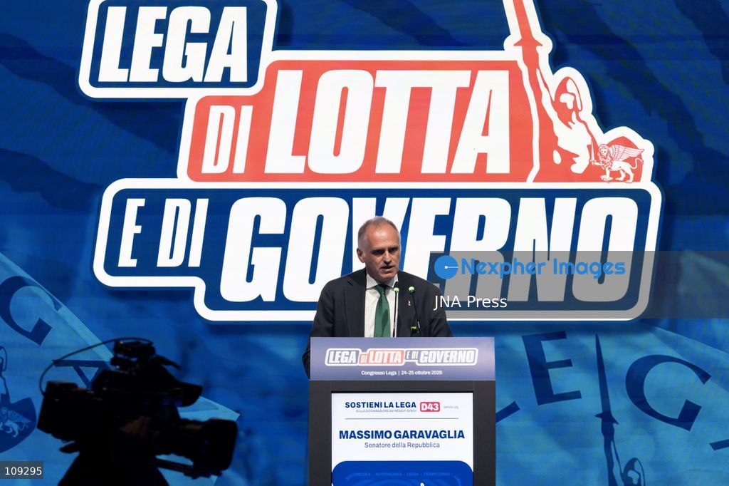 MILAN, ITALY - OCTOBER 25, 2026: Leaders and ministers address the delegates on the second and final day of the Lega party's extraordinary congress at the Allianz MiCo convention centre. During the congress, Matteo Salvini proposed a new party symbol that omits his name, with 'Lega' in large lettering above, the emblem in the centre and the yellow inscription 'Italia federale' below. (Photo by calogero russo/JNA Press via Nexpher Images)