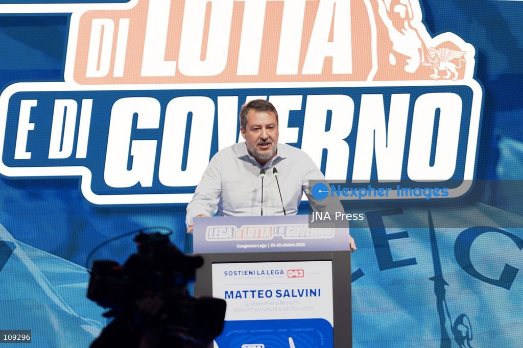 MILAN, ITALY - OCTOBER 25, 2026: Leaders and ministers address the delegates on the second and final day of the Lega party's extraordinary congress at the Allianz MiCo convention centre. During the congress, Matteo Salvini proposed a new party symbol that omits his name, with 'Lega' in large lettering above, the emblem in the centre and the yellow inscription 'Italia federale' below. (Photo by calogero russo/JNA Press via Nexpher Images)