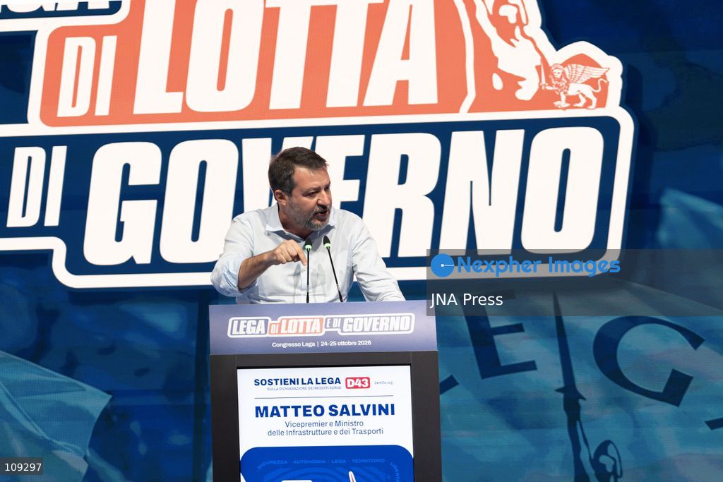 MILAN, ITALY - OCTOBER 25, 2026: Leaders and ministers address the delegates on the second and final day of the Lega party's extraordinary congress at the Allianz MiCo convention centre. During the congress, Matteo Salvini proposed a new party symbol that omits his name, with 'Lega' in large lettering above, the emblem in the centre and the yellow inscription 'Italia federale' below. (Photo by calogero russo/JNA Press via Nexpher Images)