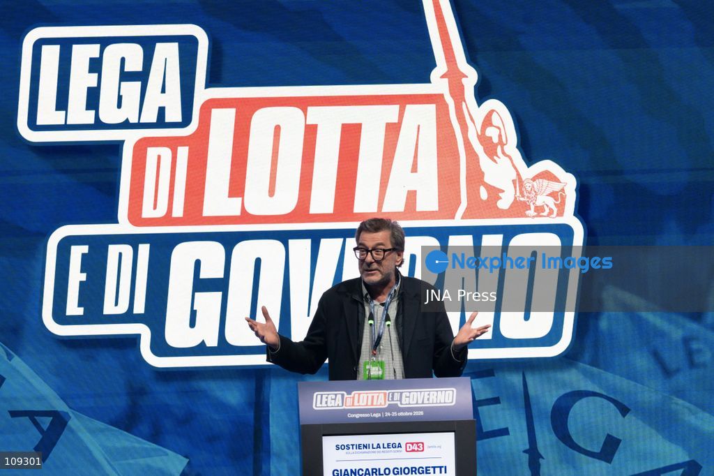 MILAN, ITALY - OCTOBER 25, 2026: Leaders and ministers address the delegates on the second and final day of the Lega party's extraordinary congress at the Allianz MiCo convention centre. During the congress, Matteo Salvini proposed a new party symbol that omits his name, with 'Lega' in large lettering above, the emblem in the centre and the yellow inscription 'Italia federale' below. (Photo by calogero russo/JNA Press via Nexpher Images)
