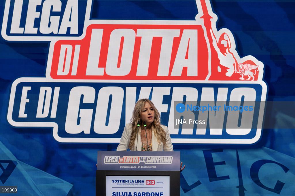 MILAN, ITALY - OCTOBER 25, 2026: Leaders and ministers address the delegates on the second and final day of the Lega party's extraordinary congress at the Allianz MiCo convention centre. During the congress, Matteo Salvini proposed a new party symbol that omits his name, with 'Lega' in large lettering above, the emblem in the centre and the yellow inscription 'Italia federale' below. (Photo by calogero russo/JNA Press via Nexpher Images)