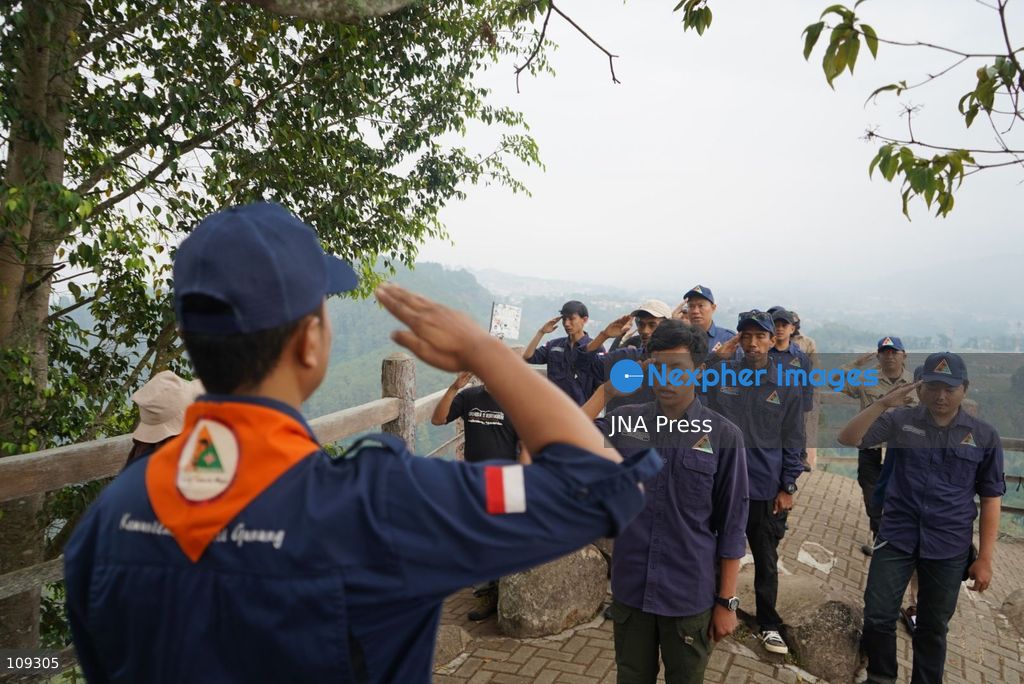 BANDUNG, INDONESIA - OCTOBER 25, 2026: Members of the Mountain Climbers Community (KPG) held a ceremony ahead of Youth Pledge Day (Hari Sumpah Pemuda) at Tebing Keraton in Bandung, West Java. Following the flag unfurling the previous day, participants gathered for a formal ceremony and recited the Youth Pledge to promote national unity and environmental awareness among young people. (Photo by Dennis Joel Putra/JNA Press via Nexpher Images)