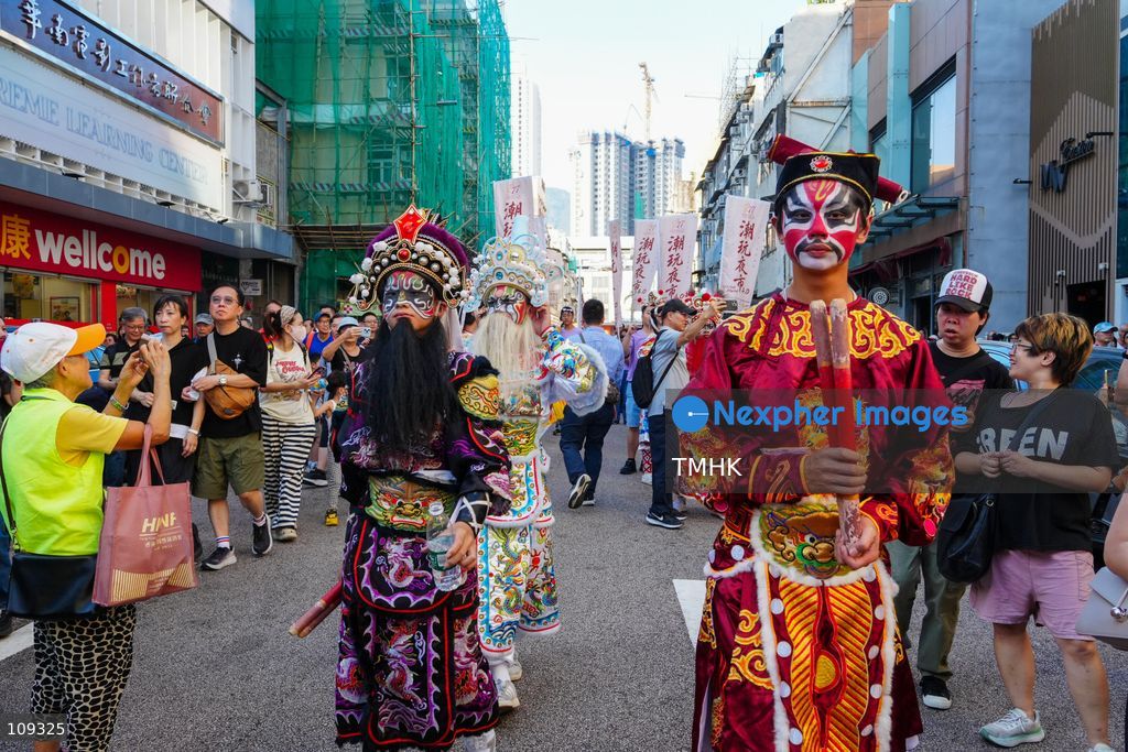 A general view of a traditional Yingge dance street parade during the Chaozhou Night Market festival in Kowloon City, Hong Kong, on October 24, 2026. The three-day event features Chaozhou cultural performances, traditional crafts and food stalls to promote Chaozhou heritage. (Photo by Zulu Lo/TMHK via Nexpher Images)