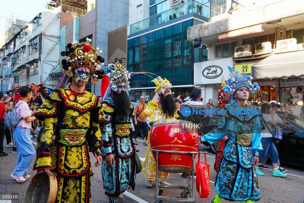 A general view of a traditional Yingge dance street parade during the Chaozhou Night Market festival in Kowloon City, Hong Kong, on October 24, 2026. The three-day event features Chaozhou cultural performances, traditional crafts and food stalls to promote Chaozhou heritage. (Photo by Zulu Lo/TMHK via Nexpher Images)