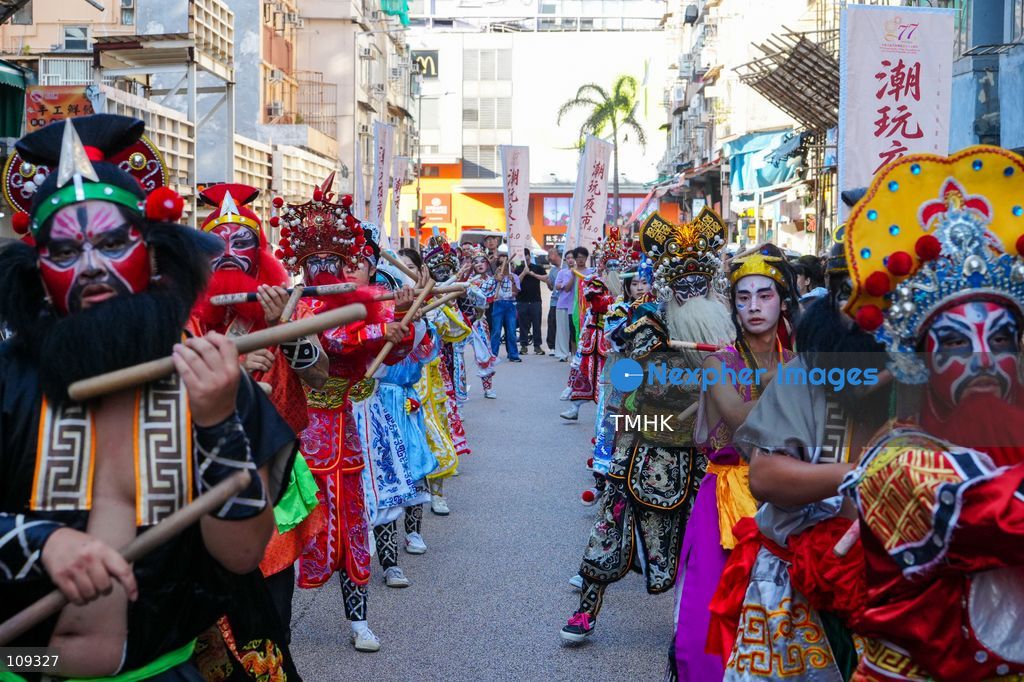 A general view of a traditional Yingge dance street parade during the Chaozhou Night Market festival in Kowloon City, Hong Kong, on October 24, 2026. The three-day event features Chaozhou cultural performances, traditional crafts and food stalls to promote Chaozhou heritage. (Photo by Zulu Lo/TMHK via Nexpher Images)