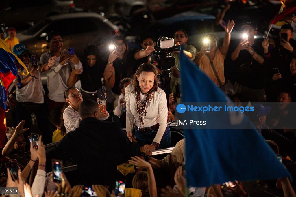 CARACAS, VENEZUELA - OCTOBER 25, 2026: Opposition leader Maria Corina Machado arrives in the capital city to a crowd that waited for her since the evening, following months of failed attempts to enter Venezuela. The Nobel Peace Prize laureate was accompanied by members of her party Vente Venezuela and followers. (Photo by Marcos Adrian Gandica/JNA Press via Nexpher Images)
