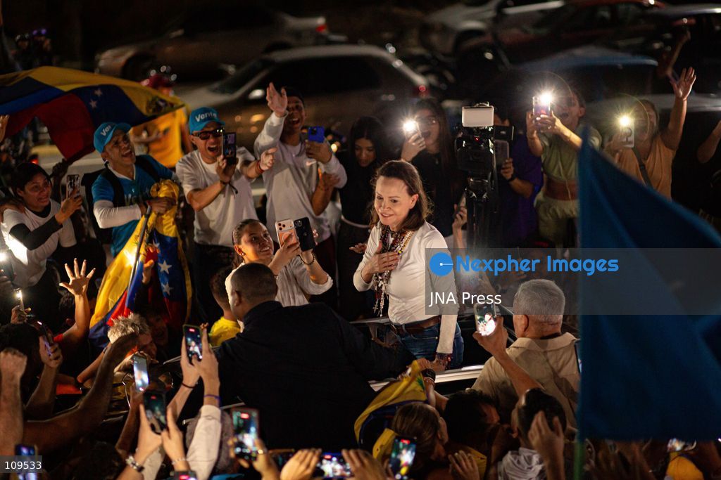 CARACAS, VENEZUELA - OCTOBER 25, 2026: Opposition leader Maria Corina Machado arrives in the capital city to a crowd that waited for her since the evening, following months of failed attempts to enter Venezuela. The Nobel Peace Prize laureate was accompanied by members of her party Vente Venezuela and followers. (Photo by Marcos Adrian Gandica/JNA Press via Nexpher Images)