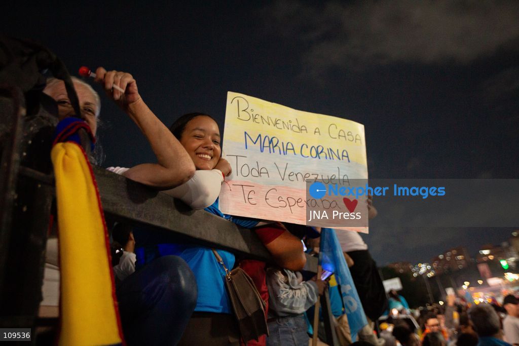 CARACAS, VENEZUELA - OCTOBER 25, 2026: Opposition leader Maria Corina Machado arrives in the capital city to a crowd that waited for her since the evening, following months of failed attempts to enter Venezuela. The Nobel Peace Prize laureate was accompanied by members of her party Vente Venezuela and followers. (Photo by Marcos Adrian Gandica/JNA Press via Nexpher Images)