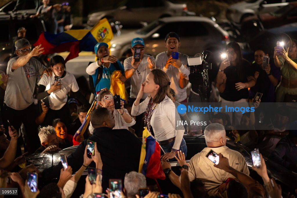CARACAS, VENEZUELA - OCTOBER 25, 2026: Opposition leader Maria Corina Machado arrives in the capital city to a crowd that waited for her since the evening, following months of failed attempts to enter Venezuela. The Nobel Peace Prize laureate was accompanied by members of her party Vente Venezuela and followers. (Photo by Marcos Adrian Gandica/JNA Press via Nexpher Images)