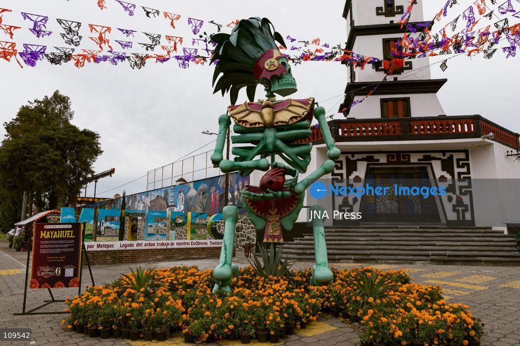 ATLIXCO DE MÚGICA Y OSORIO, PUEBLA, MEXICO – OCTOBER 25, 2026: A monumental Catrina, a large-scale skeletal figure, is displayed in Atlixco during the sixth edition of the "Valley of the Catrinas" (Valle de las Catrinas) festival. These figures represent deities and characters from the pre-Hispanic worldview of Mexico’s indigenous cultures. (Photo by Juan Perez Puente/JNA Press via Nexpher Images)