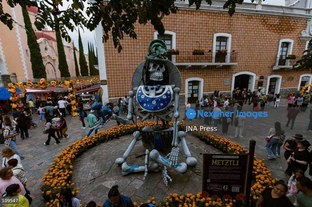 ATLIXCO DE MÚGICA Y OSORIO, PUEBLA, MEXICO – OCTOBER 25, 2026: A monumental Catrina, a large-scale skeletal figure, is displayed in Atlixco during the sixth edition of the "Valley of the Catrinas" (Valle de las Catrinas) festival. These figures represent deities and characters from the pre-Hispanic worldview of Mexico’s indigenous cultures. (Photo by Juan Perez Puente/JNA Press via Nexpher Images)
