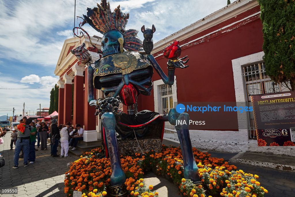ATLIXCO DE MÚGICA Y OSORIO, PUEBLA, MEXICO – OCTOBER 25, 2026: A monumental Catrina, a large-scale skeletal figure, is displayed in Atlixco during the sixth edition of the "Valley of the Catrinas" (Valle de las Catrinas) festival. These figures represent deities and characters from the pre-Hispanic worldview of Mexico’s indigenous cultures. (Photo by Juan Perez Puente/JNA Press via Nexpher Images)