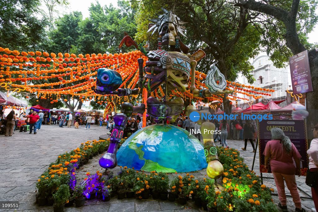 ATLIXCO DE MÚGICA Y OSORIO, PUEBLA, MEXICO – OCTOBER 25, 2026: A monumental Catrina, a large-scale skeletal figure, is displayed in Atlixco during the sixth edition of the "Valley of the Catrinas" (Valle de las Catrinas) festival. These figures represent deities and characters from the pre-Hispanic worldview of Mexico’s indigenous cultures. (Photo by Juan Perez Puente/JNA Press via Nexpher Images)