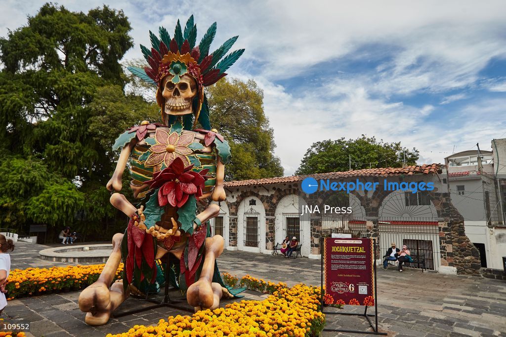 ATLIXCO DE MÚGICA Y OSORIO, PUEBLA, MEXICO – OCTOBER 25, 2026: A monumental Catrina, a large-scale skeletal figure, is displayed in Atlixco during the sixth edition of the "Valley of the Catrinas" (Valle de las Catrinas) festival. These figures represent deities and characters from the pre-Hispanic worldview of Mexico’s indigenous cultures. (Photo by Juan Perez Puente/JNA Press via Nexpher Images)
