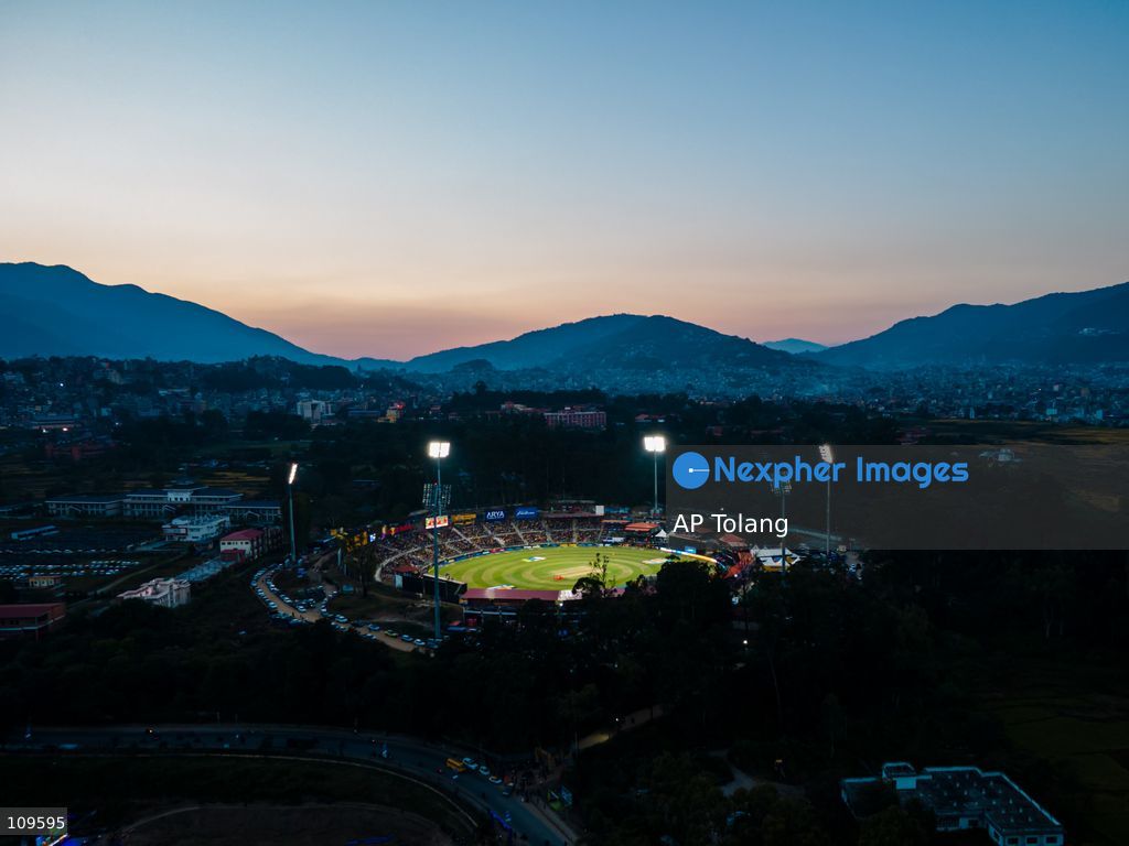 KATHMANDU, NEPAL – October 26, 2026: An aerial view shows the opening cricket match of Season 3 of the Nepal Premier League (NPL) at Tribhuvan University International Cricket Stadium in Kirtipur, Kathmandu, Nepal, on Monday. Defending champions Lumbini Lions take on Sudurpaschim Royals in the tournament opener. (Photo by AP Tolang/Nexpher Images)