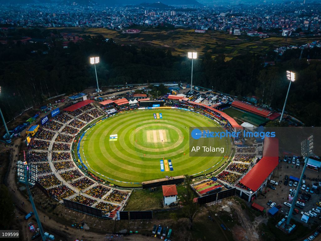 KATHMANDU, NEPAL – October 26, 2026: An aerial view shows the opening cricket match of Season 3 of the Nepal Premier League (NPL) at Tribhuvan University International Cricket Stadium in Kirtipur, Kathmandu, Nepal, on Monday. Defending champions Lumbini Lions take on Sudurpaschim Royals in the tournament opener. (Photo by AP Tolang/Nexpher Images)