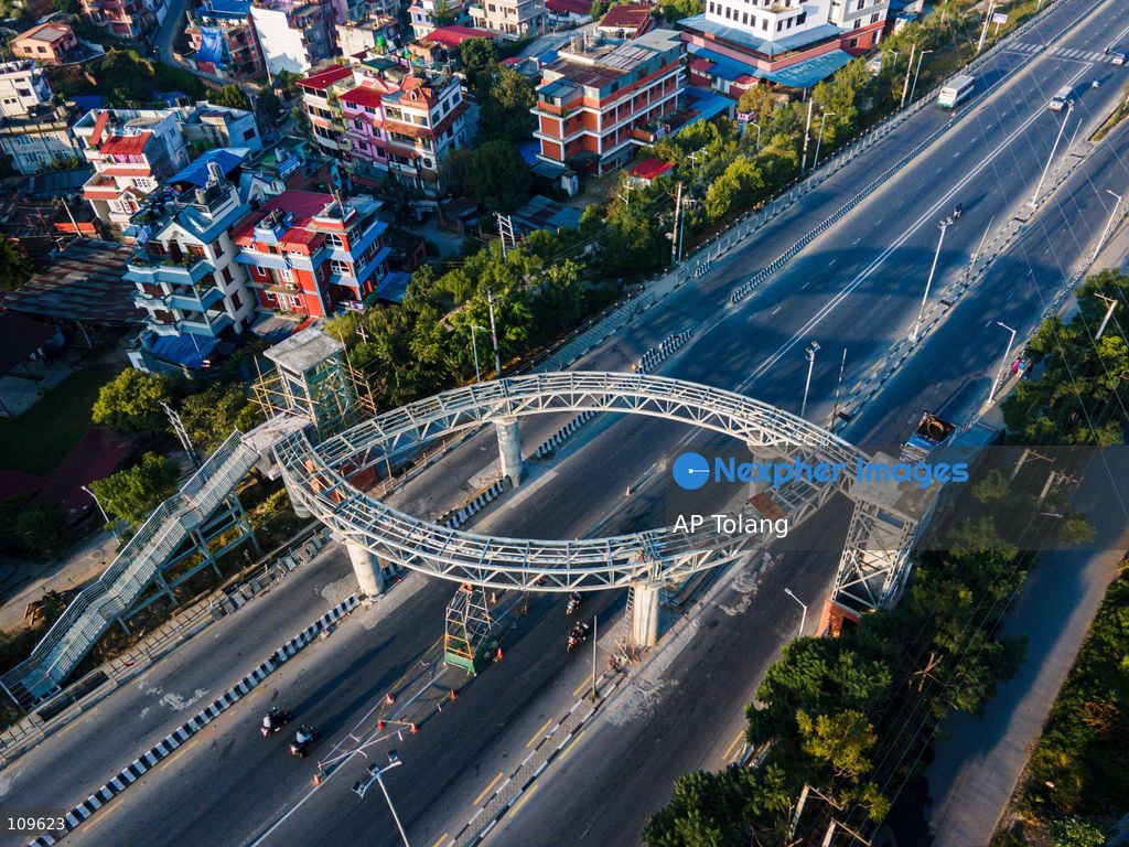KATHMANDU, NEPAL – October 26, 2026: An aerial view shows a sky bridge with a lift under construction in its final stages at Kusunti Height in Lalitpur, Nepal. The project is nearing completion and is expected to open to the public soon, adding a new infrastructure feature to the area. (Photo by AP Tolang/Nexpher Images)