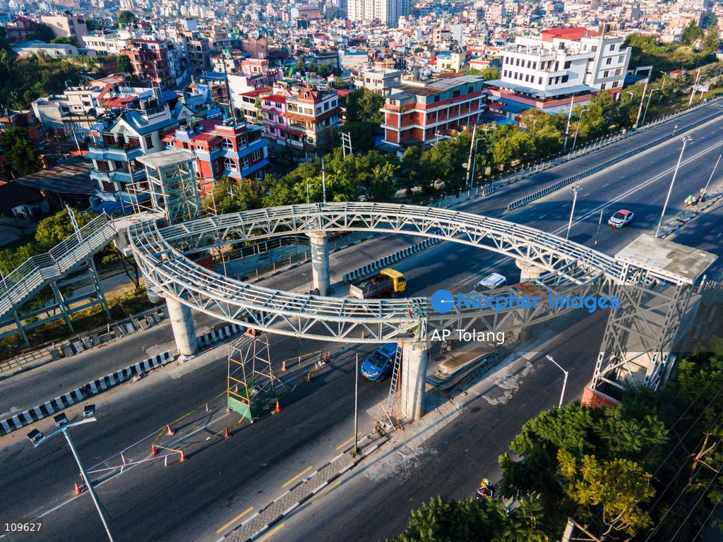 KATHMANDU, NEPAL – October 26, 2026: An aerial view shows a sky bridge with a lift under construction in its final stages at Kusunti Height in Lalitpur, Nepal. The project is nearing completion and is expected to open to the public soon, adding a new infrastructure feature to the area. (Photo by AP Tolang/Nexpher Images)
