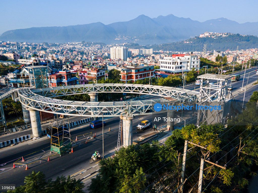 KATHMANDU, NEPAL – October 26, 2026: An aerial view shows a sky bridge with a lift under construction in its final stages at Kusunti Height in Lalitpur, Nepal. The project is nearing completion and is expected to open to the public soon, adding a new infrastructure feature to the area. (Photo by AP Tolang/Nexpher Images)