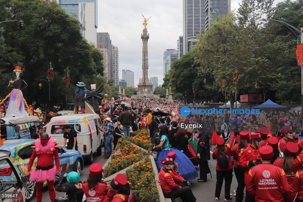 Participants take part during the 13th annual Mega Procession of Catrinas along Paseo de la Reforma avenue. Thousands of persons gathered for the massive parade, a key cultural prelude to the upcoming Day of the Dead (Día de Muertos) celebrations, showcasing elaborate makeup, vibrant costumes, and honoring Mexican skull iconography. on October 25, 2026 in Mexico City, Mexico. (Photo by Carlos Santiago/ Eyepix Group/Eyepix via Nexpher Images)