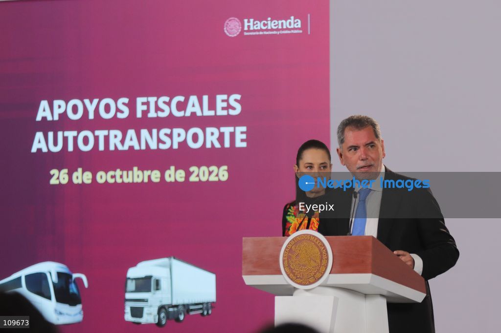 Edgar Abraham Amador Zamora, Secretary of Finance and Public Credit, speaks during a news conference about tax incentives for the trucking industry, at the National Palace. on October 26, 2026 in Mexico City, Mexico. (Photo by Carlos Santiago/ Eyepix Group/Eyepix via Nexpher Images)