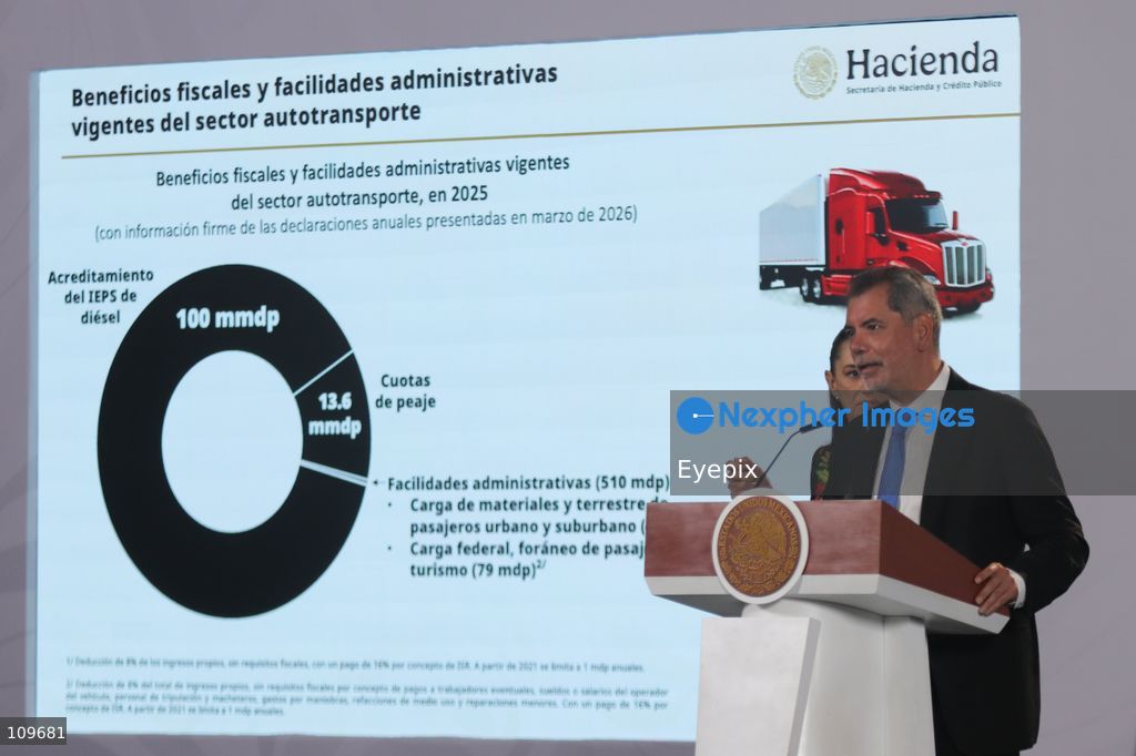 Edgar Abraham Amador Zamora, Secretary of Finance and Public Credit, speaks during a news conference about tax incentives for the trucking industry, at the National Palace. on October 26, 2026 in Mexico City, Mexico. (Photo by Carlos Santiago/ Eyepix Group/Eyepix via Nexpher Images)