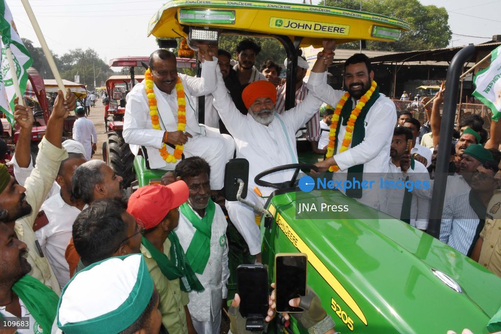 PRAYAGRAJ, INDIA, OCTOBER 26, 2026: Rakesh Tikait, national spokesperson of the Bharatiya Kisan Union (BKU), joins farmers during a Kisan Mahapanchayat gathering at Mundera Mandi in Prayagraj, Uttar Pradesh. Participants demand fair crop prices, adequate agricultural supplies and fair compensation for land acquired for development projects. (Photo by Saurabh Kumar/JNA Press via Nexpher Images)