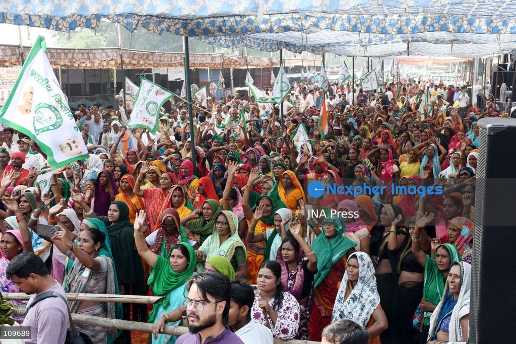 PRAYAGRAJ, INDIA, OCTOBER 26, 2026: Rakesh Tikait, national spokesperson of the Bharatiya Kisan Union (BKU), joins farmers during a Kisan Mahapanchayat gathering at Mundera Mandi in Prayagraj, Uttar Pradesh. Participants demand fair crop prices, adequate agricultural supplies and fair compensation for land acquired for development projects. (Photo by Saurabh Kumar/JNA Press via Nexpher Images)