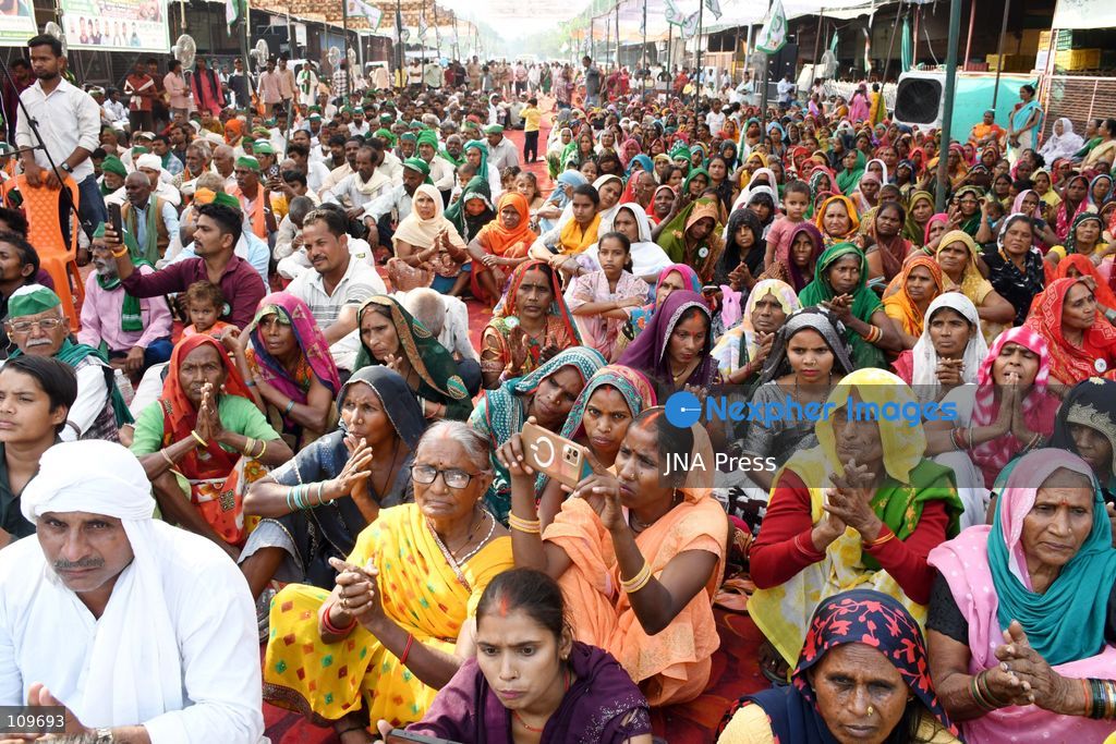 PRAYAGRAJ, INDIA, OCTOBER 26, 2026: Rakesh Tikait, national spokesperson of the Bharatiya Kisan Union (BKU), joins farmers during a Kisan Mahapanchayat gathering at Mundera Mandi in Prayagraj, Uttar Pradesh. Participants demand fair crop prices, adequate agricultural supplies and fair compensation for land acquired for development projects. (Photo by Saurabh Kumar/JNA Press via Nexpher Images)