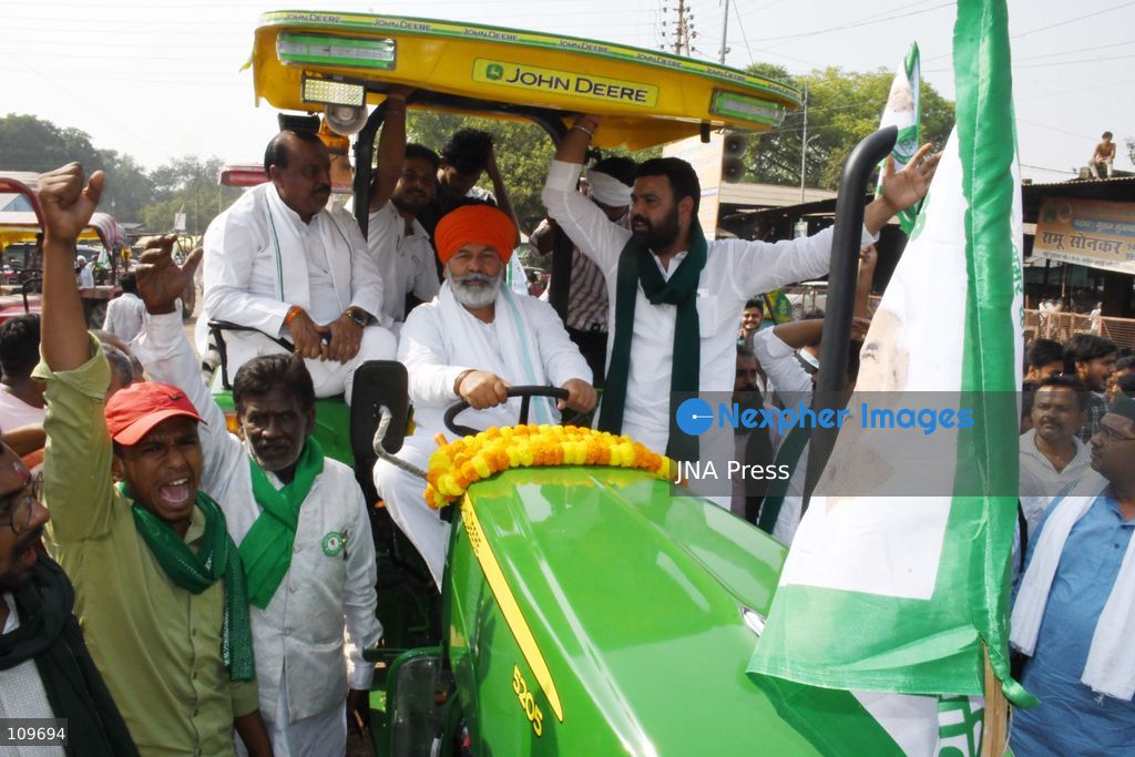 PRAYAGRAJ, INDIA, OCTOBER 26, 2026: Rakesh Tikait, national spokesperson of the Bharatiya Kisan Union (BKU), joins farmers during a Kisan Mahapanchayat gathering at Mundera Mandi in Prayagraj, Uttar Pradesh. Participants demand fair crop prices, adequate agricultural supplies and fair compensation for land acquired for development projects. (Photo by Saurabh Kumar/JNA Press via Nexpher Images)