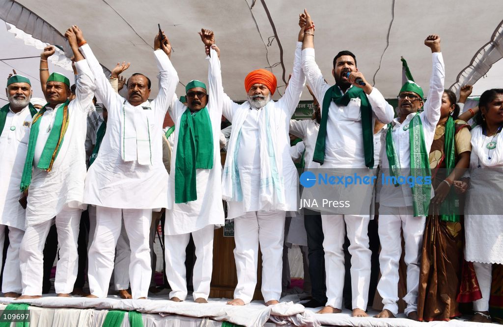 PRAYAGRAJ, INDIA, OCTOBER 26, 2026: Rakesh Tikait, national spokesperson of the Bharatiya Kisan Union (BKU), joins farmers during a Kisan Mahapanchayat gathering at Mundera Mandi in Prayagraj, Uttar Pradesh. Participants demand fair crop prices, adequate agricultural supplies and fair compensation for land acquired for development projects. (Photo by Saurabh Kumar/JNA Press via Nexpher Images)