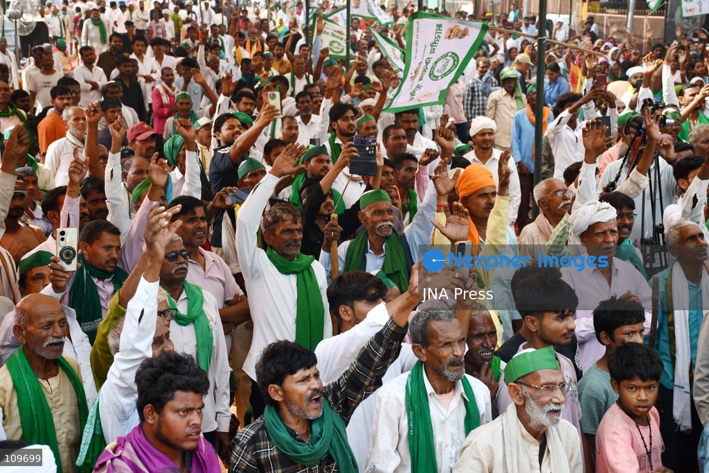 PRAYAGRAJ, INDIA, OCTOBER 26, 2026: Rakesh Tikait, national spokesperson of the Bharatiya Kisan Union (BKU), joins farmers during a Kisan Mahapanchayat gathering at Mundera Mandi in Prayagraj, Uttar Pradesh. Participants demand fair crop prices, adequate agricultural supplies and fair compensation for land acquired for development projects. (Photo by Saurabh Kumar/JNA Press via Nexpher Images)